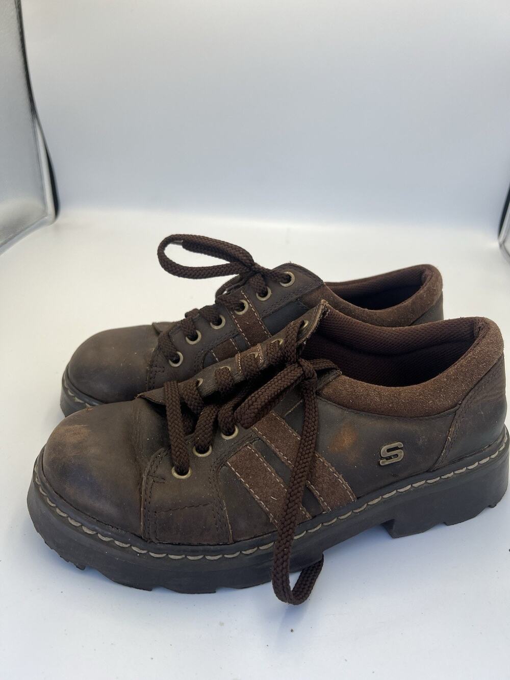 Vtg Skechers Leather Chunk Shoes Boots Womens 7.5 Brown Lug Sole Y2K Grunge